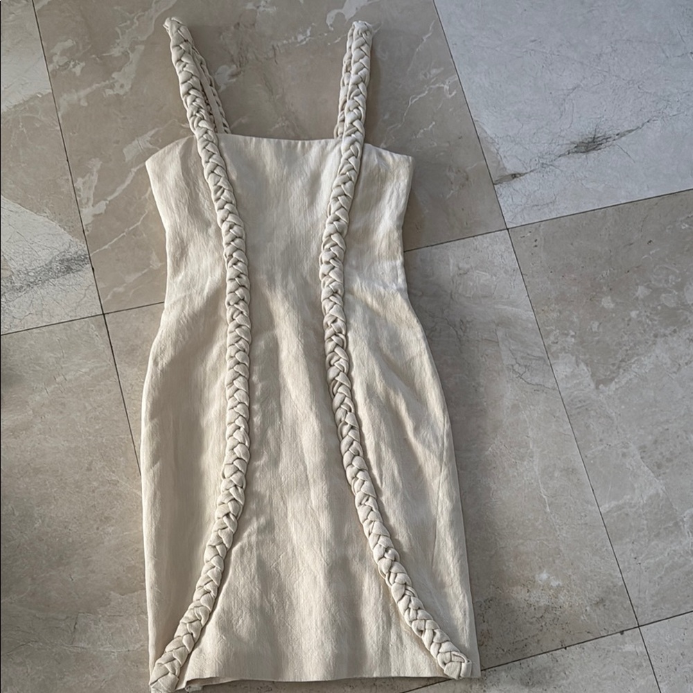 Elegant Cream Braided Strap Linen and silk Dress